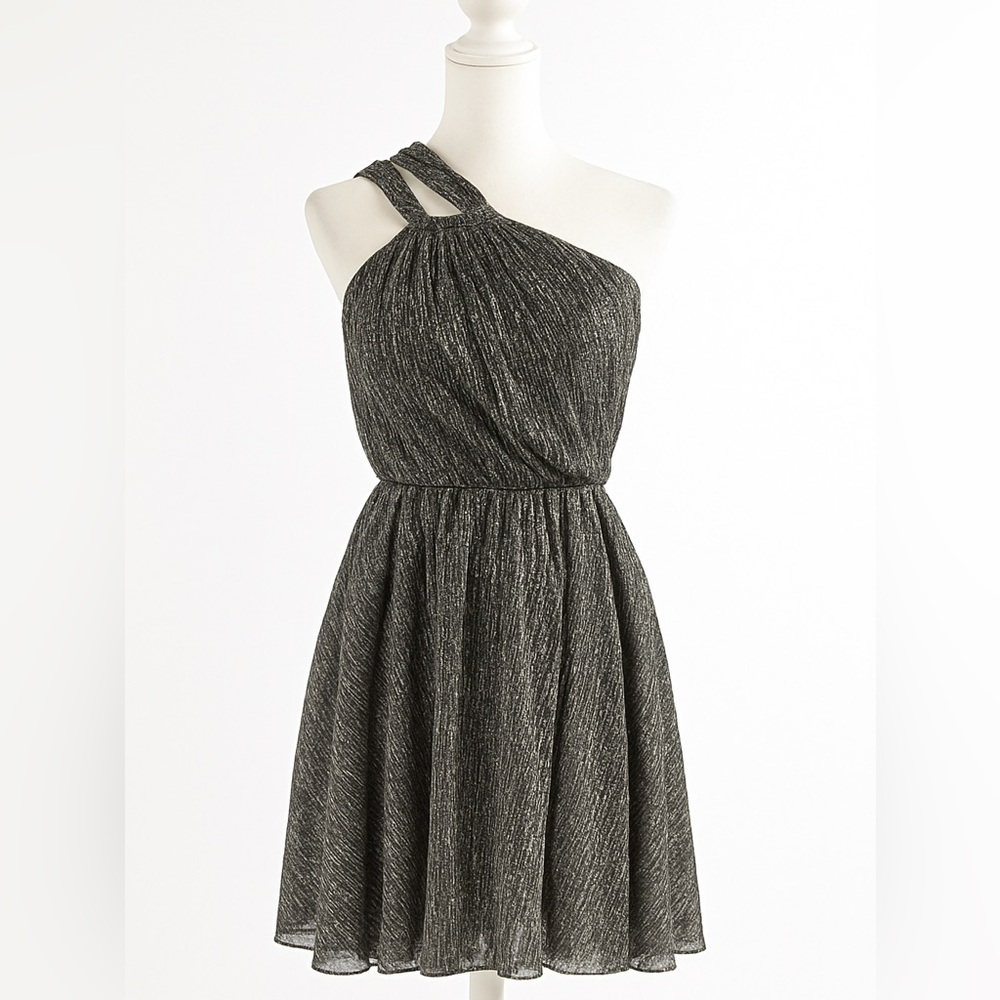 Maje Riane One-Shoulder Metallic Mini Dress Silver Black Size 38 US 6